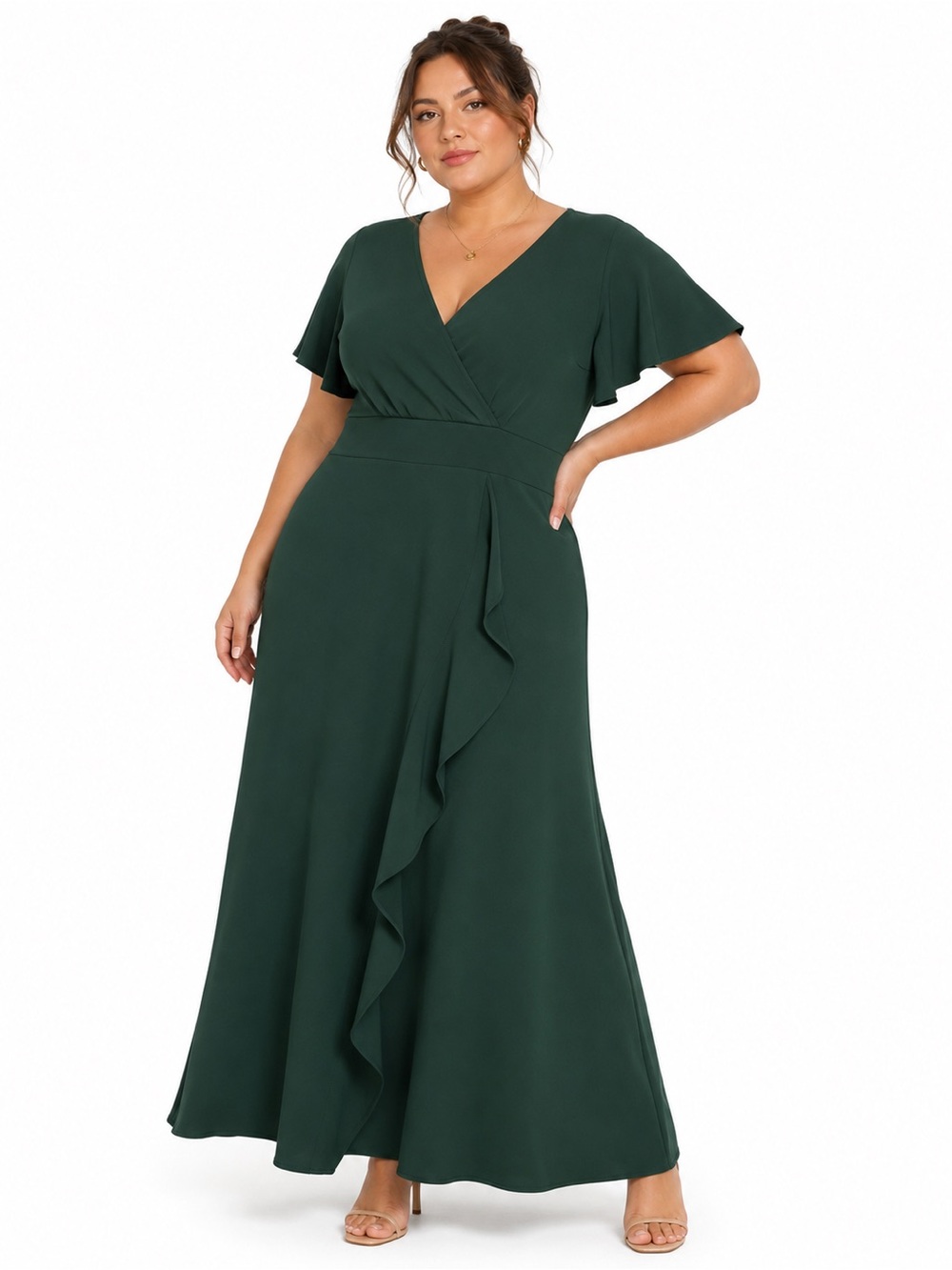 Plus Size Forest Green V-Neck Ruffle Wrap Style Dress